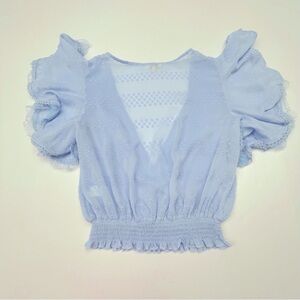 A Peach Blouse Ruffle Short Sleeves Crop Elastic Periwinkle Women's Size Large